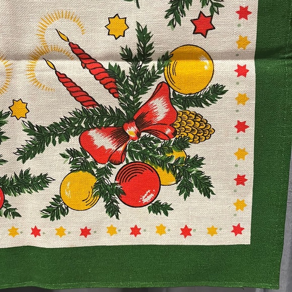 Colorful Christmas Table Runner Candles, Bows, Ornaments Pine Boughs/Cones Stars - Picture 12 of 16